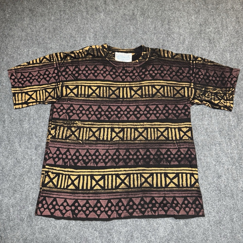 VTG Swiss Club Shirt Wide Short Sleeve Abstract Tribal Print‎ Geometric 90s OSFA